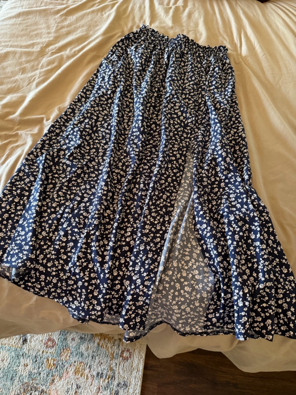 SHEIN Navy and White Floral Maxi Skirt with Smocked Waist
